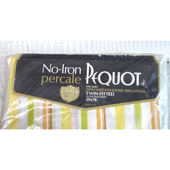 Vintage 1960s New Pequot Percale Twin Fitted Sheet Aurora Stripe Orange Yellow - Picture 6 of 12